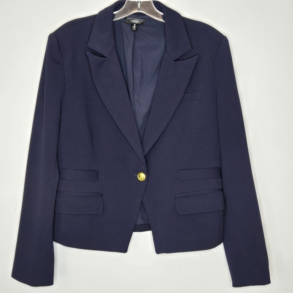 AQUA Navy Blue‎ Blazer Jacket Women's Large Gold Anchor Button Nautical Preppy L